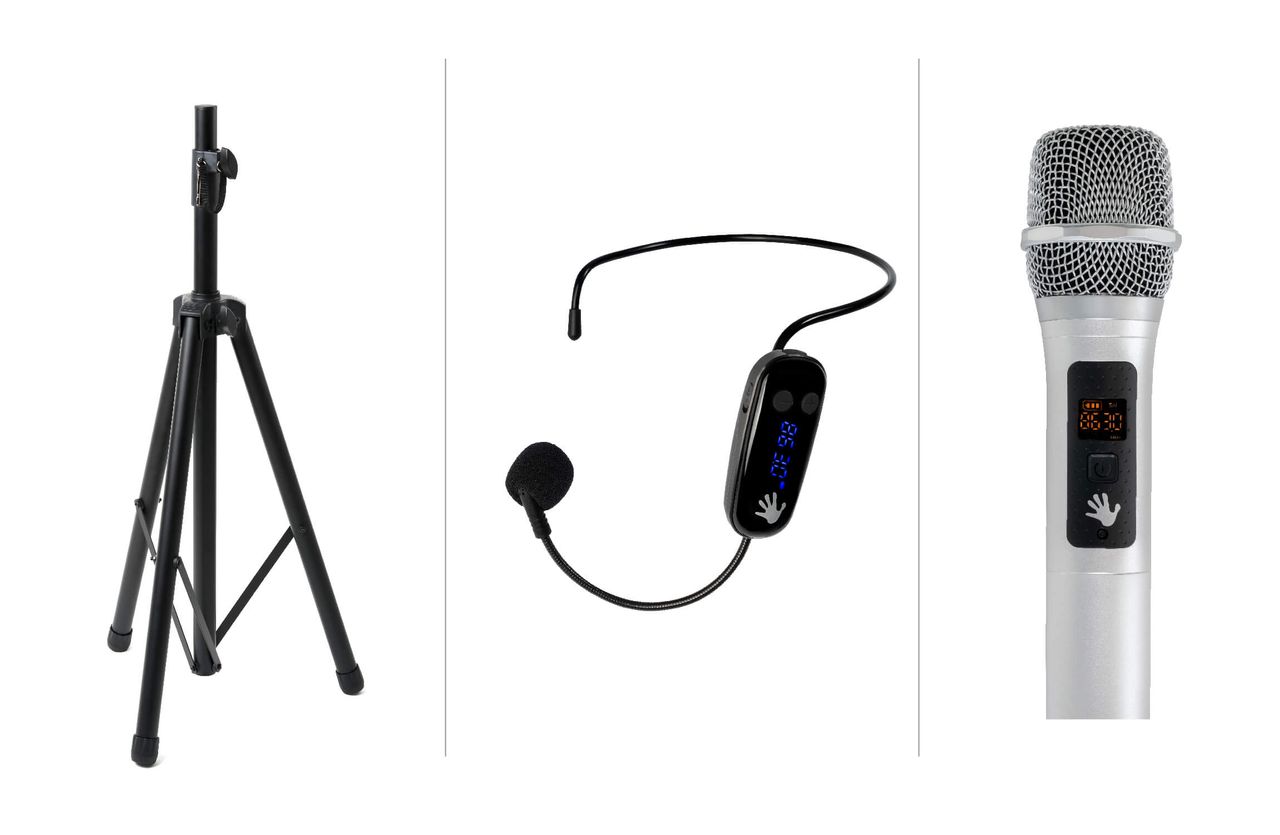 tripod, headset, microphone